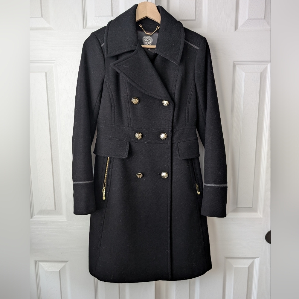 Vince Camuto Double Breasted Wool Blend Military Coat Peacoat Black Gold, XS - Picture 3 of 12